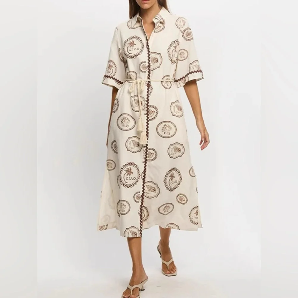 NWT Island Postcard Print Button-Down Midi Shirt Dress Belted, Boho Summer S-2XL - Picture 4 of 8